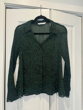 Mango Green Sheer Animal Print Long-Sleeve Button Front Top